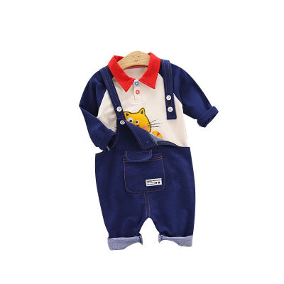 

0-4T Spring Autumn Casual Baby Long Sleeve Cartoon Printing Top And Suspender Jeans Kids Two-piece Outfit Set