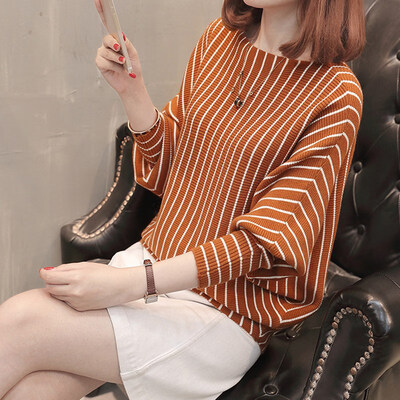 

3 Colors Autumn Winter Stripes Round Collar Slim Bottom Sweater Women Print Slim Bat Long-Sleeved Sweater Tops