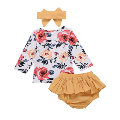 

Infant Children Girls Sets Children Clothing Large Flower Long-sleeved T-ShirtPantskirtBow Hairband Three-piece Suits