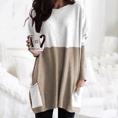 

2019 New Women Fashion O-nck Long sleeve Splice Pocket Casual T-shirt