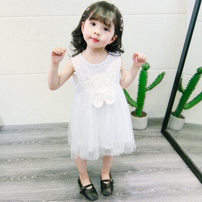 

Children Baby Girls Dress Summer Stitching Lace Mesh Bow Princess Cute Sweet Sleeveless Dress 1-5Y Lovely Toddler Girl Clothes