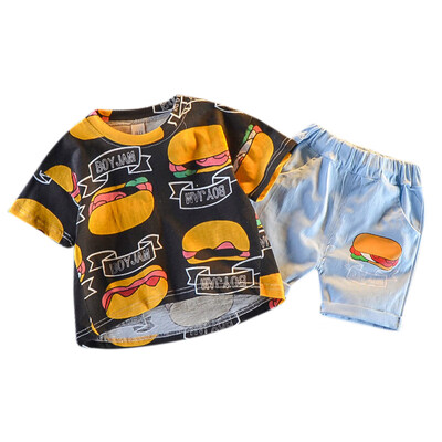 

New Summer Baby Boys Girl Short Sleeve Burger Printed Pattern Tops T-shirt Shorts Toddler Casual Outfits Sets