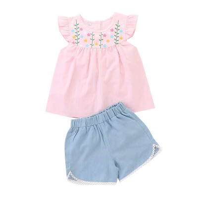 

Summer Children Baby Girls Casual Flare Sleeve Floral Print Tops VestShorts With Lace Design Suits Costume Set