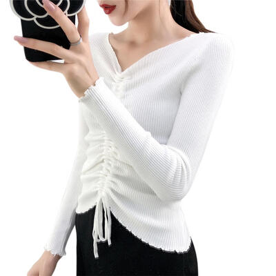 

Solid Color Drawstring V-neck Knitted Jumper Women Long Sleeve Slim Tops