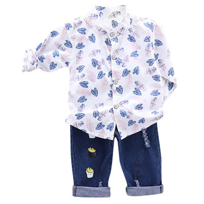 

Autumn Children Baby Boys Casual Long Sleeve Leaves Pattern Shirt TopsDenim Trouser Set