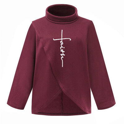 

New Autumn And Winter Fashion Casual Women Faith Letter Print Sweatshirt High Collar Splice Loose Blouse Tops