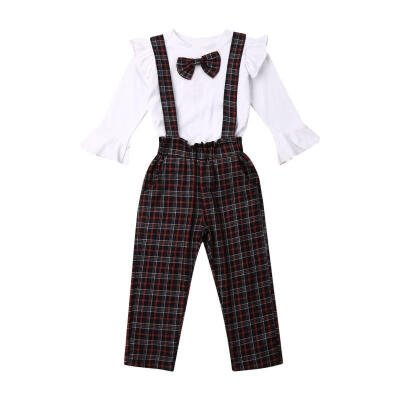 

Toddler Baby Girls Outfits Ruffled Collar TopsPlaid Overall Bib Pants Clothes Sets