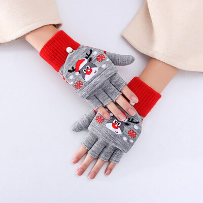 

2020 Half Finger Women Gloves Winter Christmas Elk Snowman Printed Knitted Gloves Warm Fingerless Wrist Mittens Female Gloves
