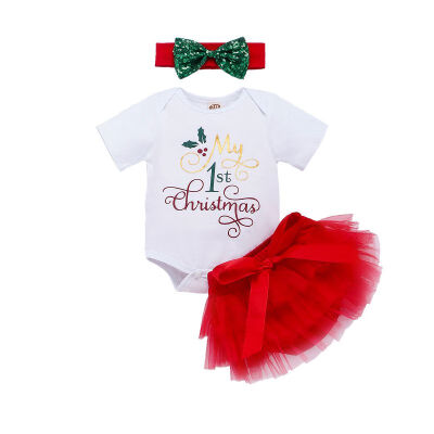 

Mesh Skirt Hair Band Christmas Mesh Short Skirt For Girls Baby\s Sets Three Piece Girls Short Sleeve Bodysuit