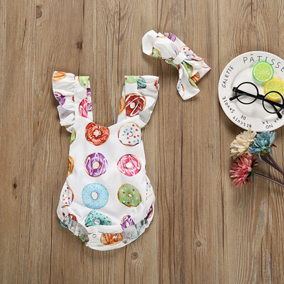 

Newborn Summer Girls Rompers Clothing Sleeveless Donut Print Bodysuits Jumpsuits With Headband 3-18 Months