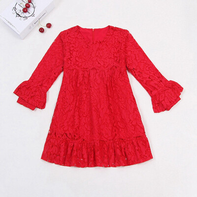 

Children Girl Baby Girl Dress 2-7T New Autumn Lovely Girls Cute Lace Round Collar Princess Long-Sleeved Sweet Solid Color Dress