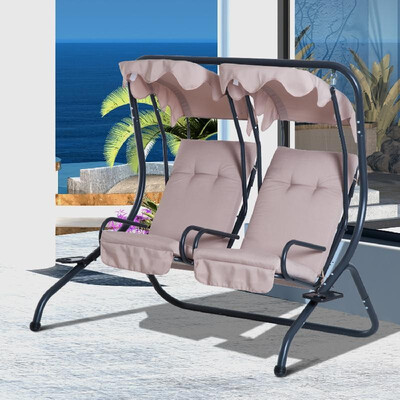 

2 Seat Modern Outdoor Swing Chairs With Handrails&Removable Canopy - Beige