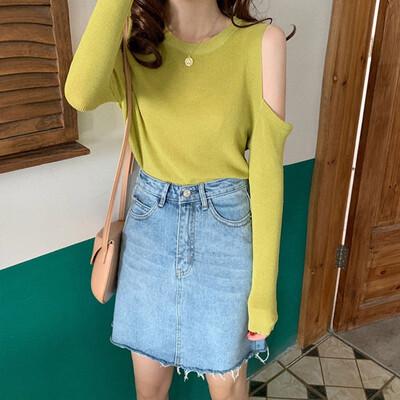

Sexy Women Sweater Autumn Winter Solid Slim Long-Sleeved Bottom Knit Off-the-shoulders Pullover Korean Jumpers