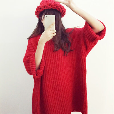 

Women Autumn Winter Fashion Solid Color Bat Sleeved Round Collar Loose Casual Sweet Sweater
