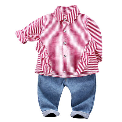 

Autumn Baby Girls Set Long Sleeve Striped Print TopsDenim Pants Trouser Costume Set