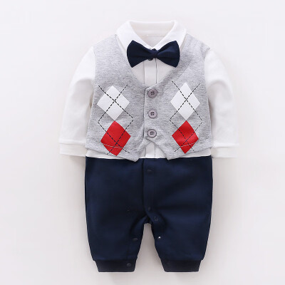 

Infant Baby Gentleman Fake 2 Piece Design Long Sleeve Rompers Kids Boys Bodysuit With Bowknot Jumpsuit Newborn Clothes