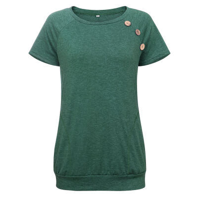 

Women T-Shirt Solid Casual Pockets Buttons Short Sleeve O-Neck Slim Summer