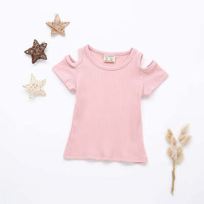 

New Summer Baby Girls Candy Color Off-shoulder Short Sleeved Kids T-shirt Cotton Clothes Tops