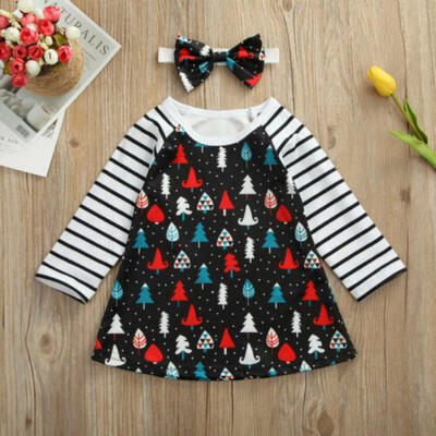 

UK Christmas Infant Baby Girls Kid Clothes Long-sleeved Skirt Xmas Striped Dress