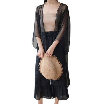 

Women Summer Solid Color Open Front Thin Chiffon Sun Protection Tops Beach Cardigan