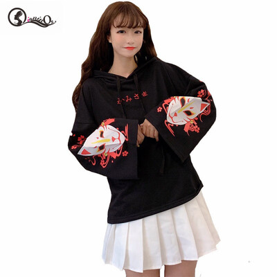

Hooded Autumn Winter Tops Women Harajuku New Cartoon Fox Print Hoodies Japanese Style Fashion Sweet Long Sleeve Hooded Pullover