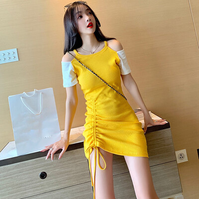 

Fashion Dress Sexy Strapless Short-sleeved Dress Stitching Color Long-sleeved Drawstring Dress