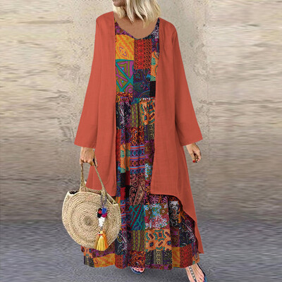 

Tailored Women Ethnic Style Print Long Sleeve Plus Size O-Neck Loose Long Dress