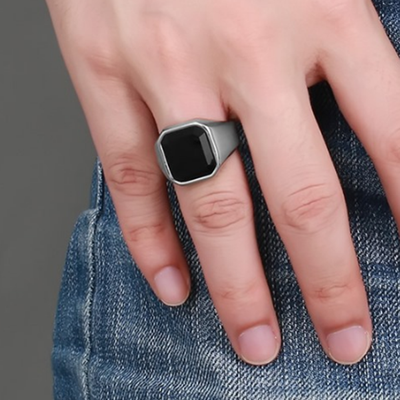 

Retro Silver Ring Party Jewelry Titanium Steel Ring Domineering Obsidian Men Jewelry Gift
