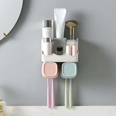 

Toponeto Toothpaste Dispenser Toothbrush Holder No Drill Wall Mount Bathroom Storage Rack