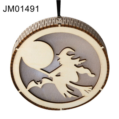 

Wooden Round Haunted Witch Hollow Box LED Night Light Pendant Halloween Decor