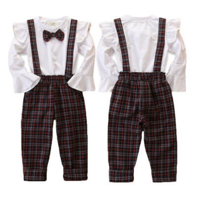 

US 2PCS Newborn Kids Baby Girls Bowknot T-shirt Top Suspender Pants Outfits Set