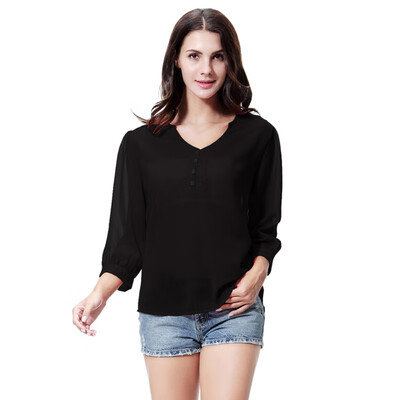 

2XL Loose Button Long Sleeve V Neck Chiffon Blouse Of Large Size Womens Shirts Solid Back Asymmetric Blouse Woman Summer