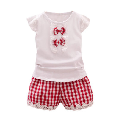 

infant toddler girl clothes set white big bow-knot short sleeveplaid shorts for 0-6T