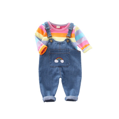 

0-4T Kids Girl Overalls Sets Rainbow Striped Shirts With jeans children long trousers girls suspenders denim Bib pants child