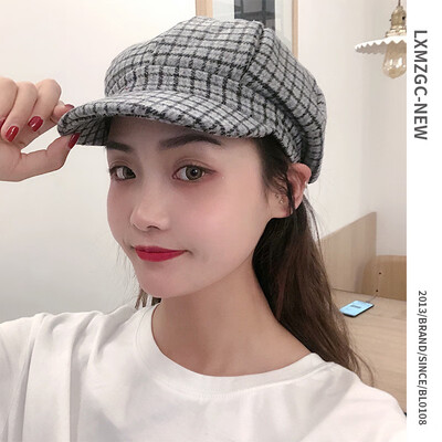 

Hat autumn&winter new Plaid Joker Cap Korean beret ladies retro tweed Japanese octagonal cap