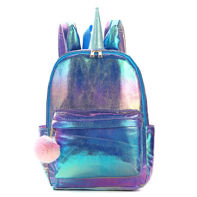 

2019 New Laser Cartoon Unicorn Backpack Leather Allochroic Gorgeous Backpack Plush Ball Bag Girl Schoolbag