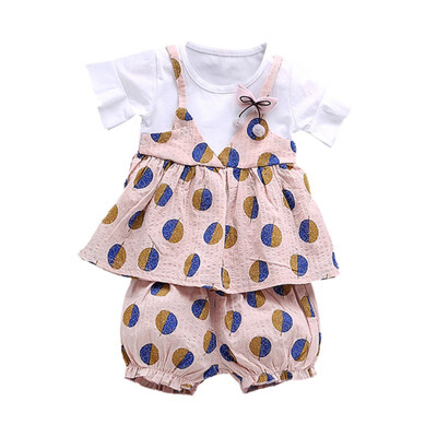 

Children Girls Cotton Clothes Casual Summer Fake 2 Piece Short Sleeve Floral Print T-shirtShorts Fashion Suits 2Pcs Costume Set