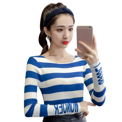 

Women Autumn Sweet Striped T Shirt Letter Print Slim Long Sleeve Round Collar Slim Bottoming Knit T Shirt