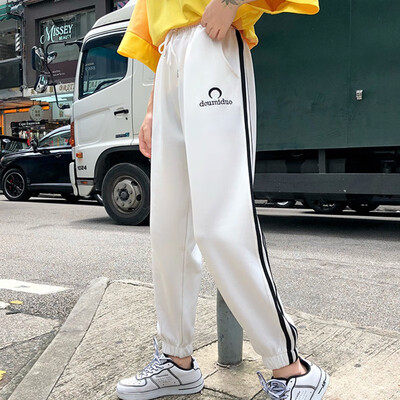 

Fashion Casual Side Striped Harlan Pants Loose Style Pocket Decoration Women Ankle-length Pants Elastic Waist High Waist