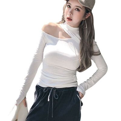 

T Shirt Women Sexy Cut Out Off Shoulder T-Shirt Femme Autumn Womens Clothing Stand Collar Long Sleeve Solid Tops