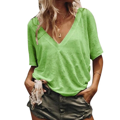 

Summer Women Plus Size Solid Color V Neck Short Sleeve T-Shirt Loose Basic Top