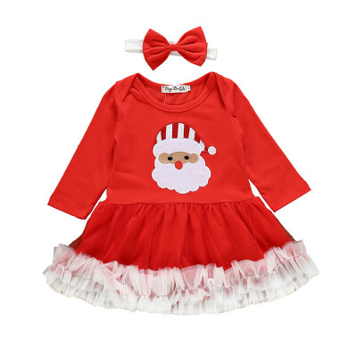 

Autumn Newborn Baby Girl Long Sleeve Cotton Dress Set Cute Christmas Style Santa Claus Pattern Comfortable Dresses With Headband