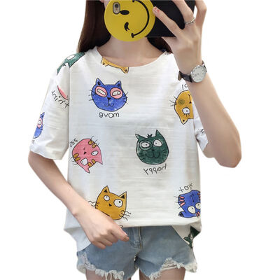 

Summer Cat Elephant Print Tshirt Women Round Collar Loose Short Sleeve Casual Simple Wild T-Shirt Casual Sweet Tops Tshirt 2019