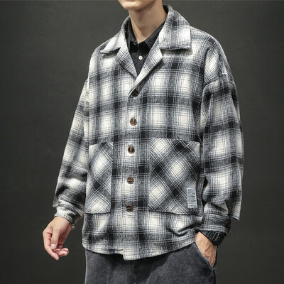 

Toponeto Mens New Winter Style Retro Checked Blouse Large Checked Sweater Coat Blouse
