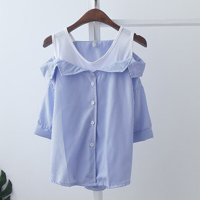

2019 Women Clothes Vertical Stripe Spaghetti Strap Off-shoulder Loose Shirt Casual Summer Autumn Women Striped