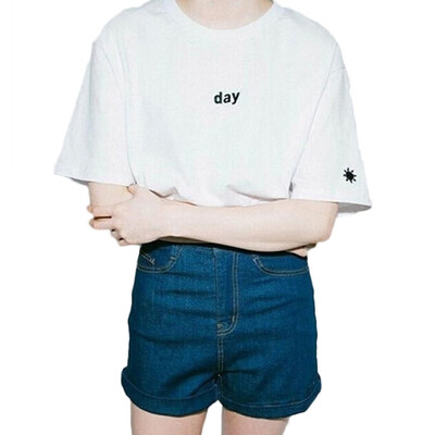 

Women Solid Color Letter Sun Moon Print Short Sleeve O Neck T-Shirt Summer Top