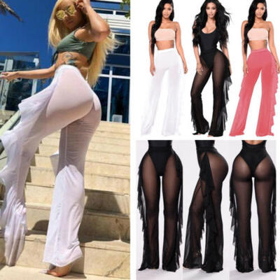 

USA Women Beach Mesh Ruffle Sheer Wide Leg Pants Trousers Bikini Cover Up -2XL