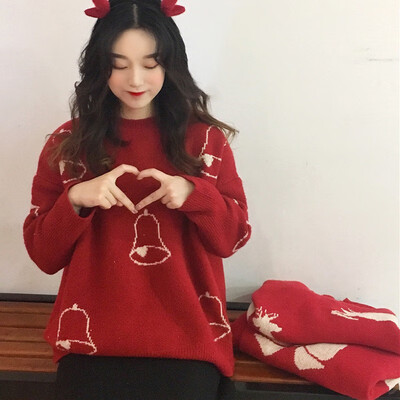 

Sweater Women Christmas Knitted Loose Casual Autumn Winter Ladies O-neck Tops Pullover Korean Sweaters Bowembroidery Knitwear