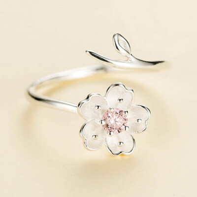 

925 Sterling Silver Cherry Blossoms Open Rings Simple&Fresh Index Finger Jewelry for Student As Birthday Gift