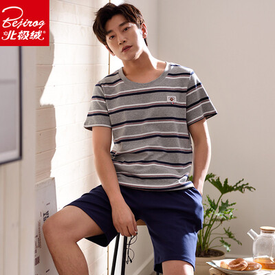 

Arctic velvet mens pajamas summer short-sleeved cotton thin section out loose  summer youth cotton suit home service 2004 blue L